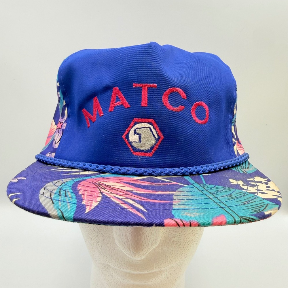 Vintage Matco Tools Nissin Cap Floral Tropical Blue Trucker Hat Adjustable Rope